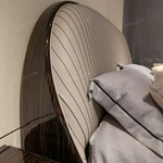 Light Beige Upholstered Bed with Vertical-Striped Headboard, Natural Wood Veneer Trim & Gold Stainless Steel Feet